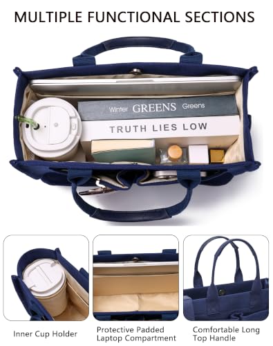 Canvas Tote Bag for Women,Women's Bags Crossbody Bags Work Laptop Tote Bag Large Handbags Purse for Travel Nurse Teacher - color: Navy Blue With Compartments