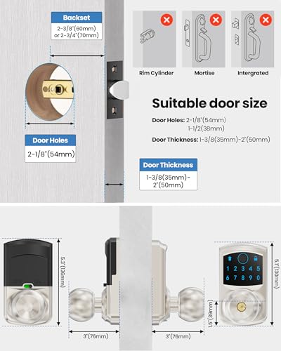 Smart Fingerprint Keyless Entry Door Knob Keypad Electronic Biometric Lock | 20 User Codes 50 Fingerprints Vacation & Passage Mode One-Time Code 2 Keys Auto-lock 2-99s Anti-peep Fits U.S. Standard Door - size: HL-669FK Satin Nickel