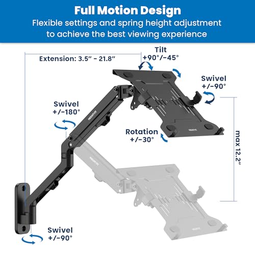 Mount-It! Ergonomic Laptop Arm for Wall or Pole Mounting, Full Motion Adjustments, Versatile Design, Easy Installation | Wall or pole laptop arm, swivels 180°, tilts +90/-45°, extends 21.8", fits 10-15.6" laptops, converts to monitor mount - style: Laptop