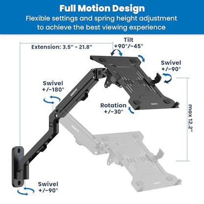 Mount-It! Ergonomic Laptop Arm for Wall or Pole Mounting, Full Motion Adjustments, Versatile Design, Easy Installation | Wall or pole laptop arm, swivels 180°, tilts +90/-45°, extends 21.8", fits 10-15.6" laptops, converts to monitor mount - style: Laptop