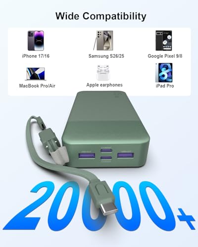 NOBIS Power Bank 20000mAh 65W Laptop Portable Charger | Battery Pack with attached USBC Cable 2 USB-C & 2 USB-A Ports, for Laptop,Pad,tablet,Phone 17/16/15/14,S26 - color: Green