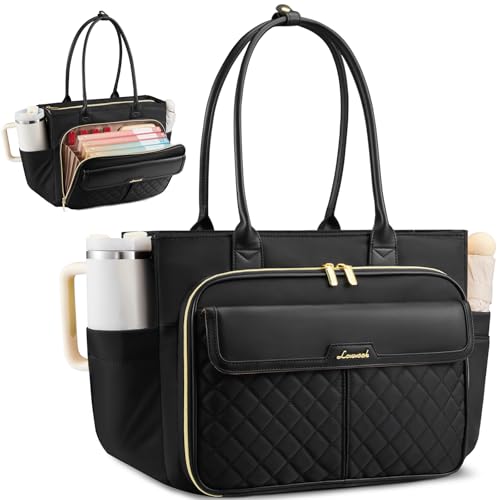 LOVEVOOK Teacher Tote Bag for Women, Laptop Bag Briefcase with Accordion File Pocket, Nurse Handbag for Work, Travel, College | 40oz Cup Holder - color: Black, size: 15.6 Inch