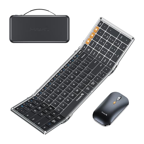 ProtoArc XKM01 Full-Size Foldable Keyboard Mouse Combo for Travel, Gray | 105-key keyboard, slim mouse, hard case and phone stand, 3-device Bluetooth & 2.4G switching, for travel office use - color: Black Gray