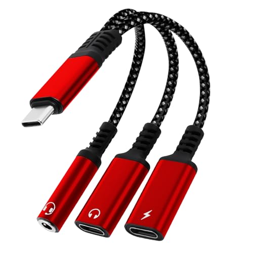 1 in 3 USB C to Type-C Charging and Type-C Headphones Plus 3.5mm Headphones PD 60W Charging Adapter, Compatible with GalaxyS22, iPad Pro, Pixel, iPhone 16 15, etc.（red） - color: red