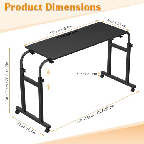Overbed Table with Wheels, Adjustable Height and Length Bed Desk, Mobile Laptop for Bed, Recliner and Sofa, Rolling Hospital Tray Table for Adults and Seniors Black 100x40cm - color: Black 100x40cm