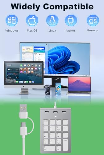 2-in-1 Number Pad & USB Hub with USB-C and USB-A Cables, 15° Ergonomic Wired Numpad with 3 USB 2.0 Ports, 18 Keys Numeric Keypad for Laptop/Desktop/Surface/iPad/Mac/No Adapter Needed USB Number Keypad