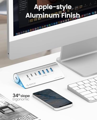 ORICO 7-Port USB 3.2 Gen2 Hub, Powered USB 3.2 Hub with 4 USB-A, 2 USB-C, PD 60W, 72W Power Adapter, 10Gbps Aluminium USB-Splitter with 3.28Ft USB-C to USB-C Cable for iMac, MacBooks, Mac mini - size: 100cm, style: M3U4C3