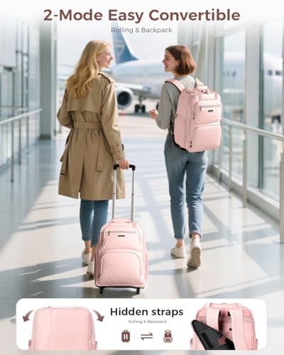 Ponhog Rolling Backpack for Women, 15.6 Inch Travel Laptop Wheeled Backpack, 30L Roller Carry On Backpack for Adults Business College Work Overnight, Stylish Personal Item, Pink
