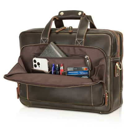 Polare 17" Full Grain Leather Laptop Briefcase Business Travel Laptop Carrying Case Shoulder Bag For Men Fits 17.3” Laptop - color: Dark Brown