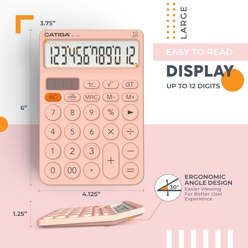 CATIGA 12 Digit Desktop Calculator Basic Desk Calculator with Large LCD Display, Big Buttons, 4 Function, Solar and Battery Dual Power, for Office, School, Home, SD-1292 Pink - color: 3) Pink