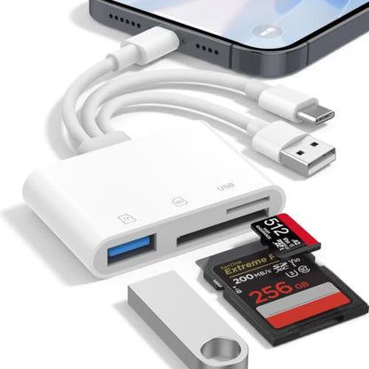 SD Card Reader for iPhone iPad Mac, 3 in 1 Memory SD Card Adapter, USB C & Lightning & USB-A Digital Camera Adapter to iPhone with SD/MicroSD/USB OTG Slots, High-Speed Plug & Play for Computer Laptop