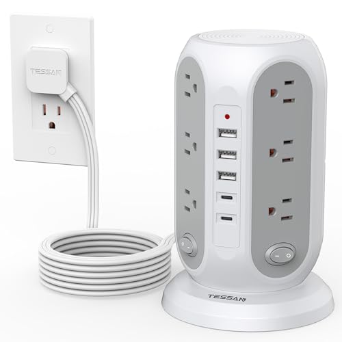 TESSAN Tower Power Strip with Individual Switches, Surge Protector with 12 Outlets, 5 USB Ports(2 USB C), Flat Extension Cord 10 Ft, Charging Station for Multiple Devices, Office, Dorm, Grey - color: Grey, size: 10 FT