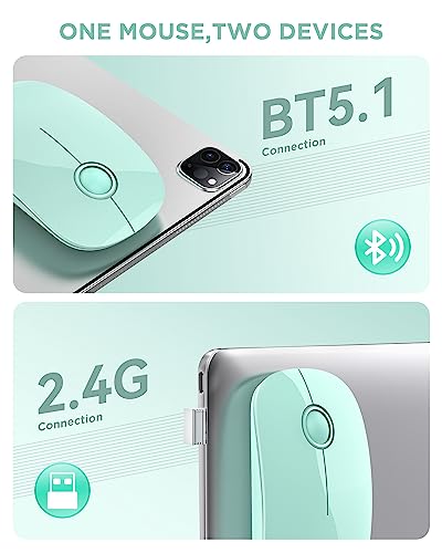 RAPIQUE Wireless Bluetooth Mouse - (BT5.1+USB) Slim Dual Mode MacBook Mice with Quiet Click, Long Battery Life, and 1600 DPI High-Precision Optical Tracking for Laptop, iMac, iPad Pro/air (Green) | Quiet clicks, Low Power, 1600 DPI, USB-A Receiver, Portab