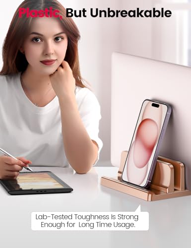 Vaydeer Vertical Laptop Stand for Desk, Dual Slots Plastic Laptop Holder with Space Saving 4-in-1 Design, Adjustable Laptop Stand Supports MacBook, Chromebook, Surface, Dell (Rose Gold) - color: Rose Gold