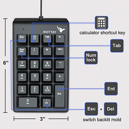 Mechanical Numeric Keypad, 22-Key USB Numpad for Laptop with LED Backlight | For Desktop Computers, Accounting, Spreadsheets, and Data Entry, Adding Convenient Number Input without Taking Desk Space