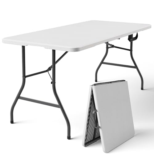 Folding Table 5FT Heavy Duty Plastic Table with Handle, Foldable&Portable, Fold-in-Half Utility Tables for Outdoor, Dining, Wedding, Events, Indoor, Picnic, Camping, Party,Khaki - color: White, size: 5FT