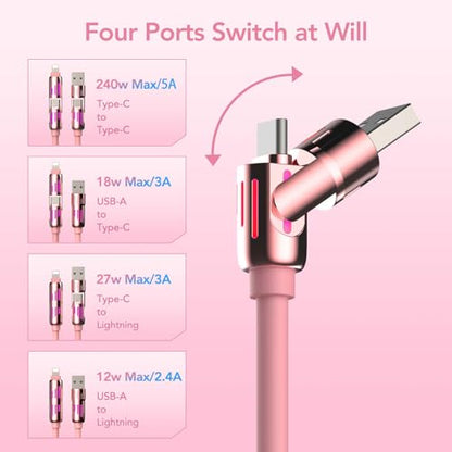 MFish 240W 4-in-1 Charging Cable with Carrying Case, 10FT Fast Charger USB-A & USB-C to USB-C/Lightning, for iPhone 17/16/15/14, MacBook, iPad, Samsung S25/S24 (Pink, 10FT) - color: Pink, size: 10FT