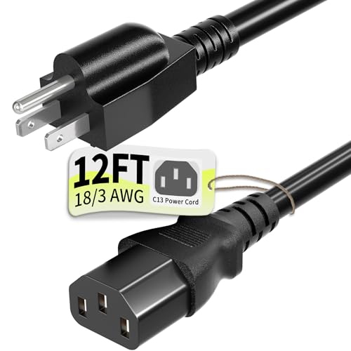 Vockjour Universal 12ft(3.5m) Power Cord, 3-Prong Pure Copper ETL, Black | 10 Amps 125 Volts NEMA 5-15P to C13 AC Cable for TV Monitor PC Printer PlayStation Samsung Dell HP Sony LG Apple Vizio Asus - size: 12FT