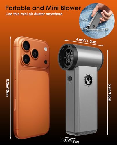 Compressed Air Duster, 180000 RPM Turbo Dust Blower, 45W Charge | SuperPower Mini Cordless Electric Air Duster, 8000mAh, 4 Adjustable Speeds, Keyboard/PC/Car Cleaner, Replace air can - color: Silver Gray