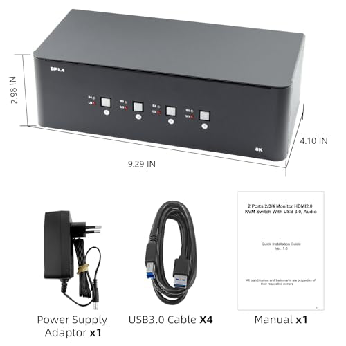 KVM Switch 3 Monitors 4 Computers, 8k Displayport Switch with USB 3.0, Jack, 4 Computers Share a Set of Keyboard, Mouse, Support Windows/Mac/Linux (Triple Monitor)