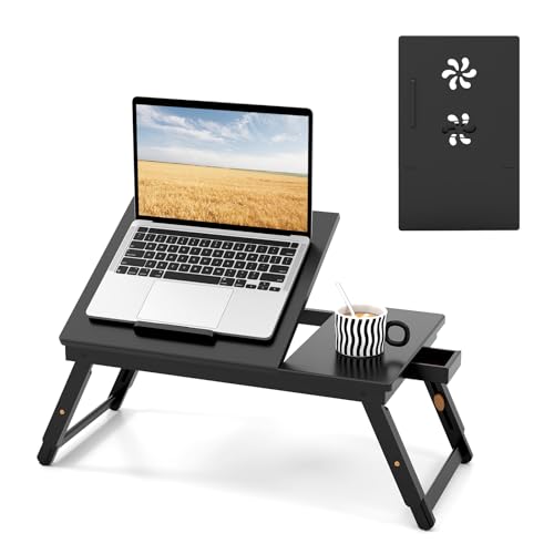 Tangkula 100% Bamboo Laptop Desk with Tilting Top & Drawer, Height Adjustable Portable Breakfast Serving Bed Tray with Heat-Dissipation Holes, Folding Bed Table for Surfing Reading Writing Eating - color: Black
