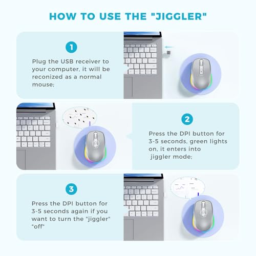 PEIOUS Wireless Mouse Jiggler, LED Mouse with Built-in Mouse Mover, Silver | Rechargeable LED Mouse, Silent Clicks, Adjustable DPI and Random Movement Keep Computers Awake for Laptop/PC/Mac - color: Silver