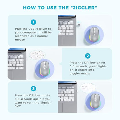 PEIOUS Wireless Mouse Jiggler, LED Mouse with Built-in Mouse Mover, Silver | Rechargeable LED Mouse, Silent Clicks, Adjustable DPI and Random Movement Keep Computers Awake for Laptop/PC/Mac - color: Silver