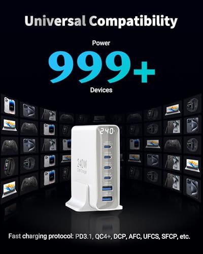 TOPADRE 240W USB C Charger with Display,6 Ports Charging Station,Laptop GaN Desktop Charger,140W Fast Charging Block for MacBook, iPad, iPhone 17/16, Galaxy S25/S24, Steam Deck, Dell XPS and More - color: White