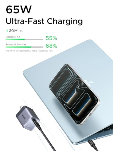 UGREEN Nexode Air 65W USB C Charger, Foldable Mini Charger Block Fast Charging with USB C Cable, GaN Charger for MacBook Air/Neo/Pro, iPhone 17 16, Galaxy S26/S25, iPad, Grey - color: Grey