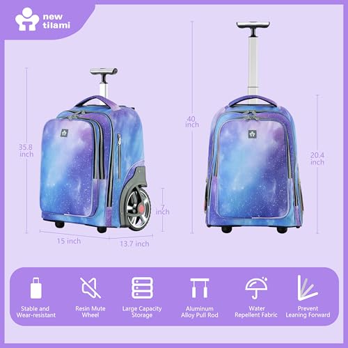 NEW TILAMI 20 Inch Rolling Backpack for School Stair-Climbing Big Wheel | Teen Boys Girls Carry-on Suitcase Large Organizer Compartment 15.6 Laptop Sleeve Adjustable Handle Roller Travel Bag College - color: Purple - Blue Fade