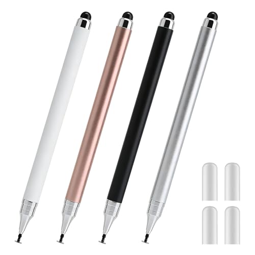 Stylus Pen for Touch Screens, 2-in-1 Universal Stylus with Disc and Fiber Tip for iPad, iPhone, Android Phones, Tablets, Laptops – 4 Pack Capacitive Pen for Writing and Drawing