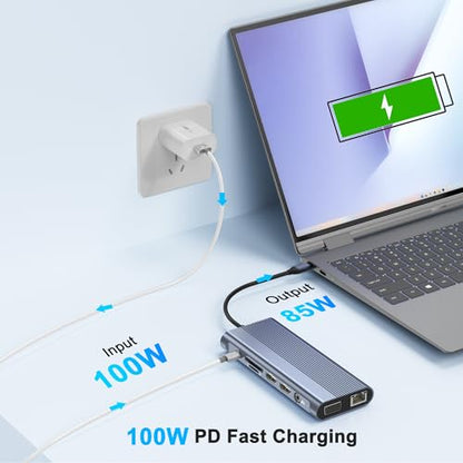 USB C Docking Station Dual Monitor for Dell/HP/Lenovo/Mac Laptop, Dual HDMI Adapter for 2 Monitors, 14 in 1 Laptop Docking Station Dual Monitor with 10Gbps USB/HDMI/VGA/PD/Ethernet/SD/TF/Audio/Mic - style: 14 IN 1