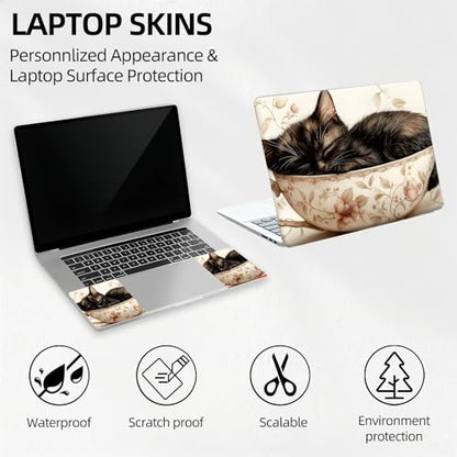 Cozy Teacup Cat Universal Laptop Skin Sticker 3PCS, Protective Decal Trim-to-Fit 11.6" 13.3" 14" 15.6" Laptop Vinyl Cover, Removable Anti-Scratch Computer Decal Protector - color: Cozy Teacup Cat