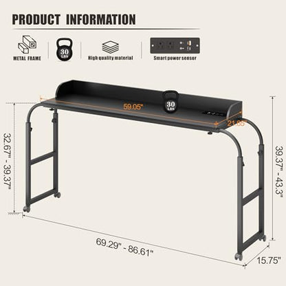 HWB Bed Table Desk with Wheels & Adjustable Height, LED Lights | Charging Station & AC Outlets, Over Bed Desk for King Size - color: Carbon Black