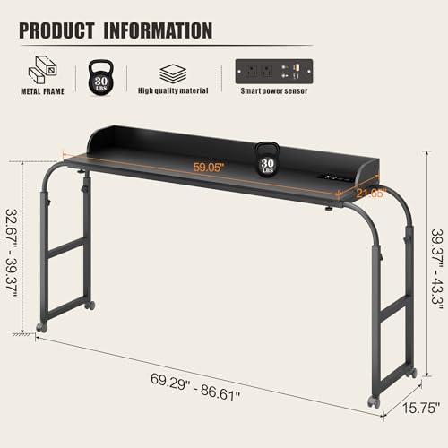 HWB Bed Table Desk with Wheels & Adjustable Height, LED Lights | Charging Station & AC Outlets, Over Bed Desk for King Size - color: Carbon Black