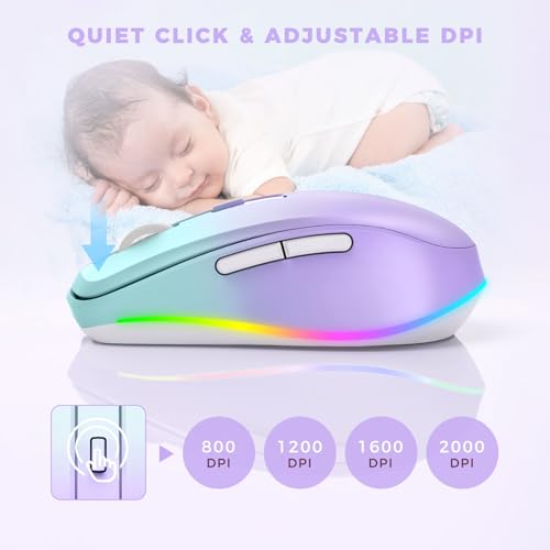PEIOUS Wireless Mouse Jiggler - Keep Computers Awake, Purple to Green | Rechargeable LED Mouse, Silent Clicks, Adjustable DPI and Random Movement Keep Computers Awake for Laptop/PC/Mac - color: Purple to Green