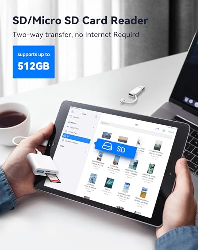SD Card Reader for iPhone iPad, 4 in 1 Micro SD/SD Card Reader to iPhone Adapter, SD Card Viewer with TF/SD Dual Slot, Portable Camera Memory Card Reader for iPhone with Charging Port, Plug and Play - size: 4 Slots for (Lightning)