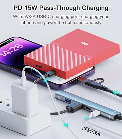 USB C Hub USB 3.0 Hub with 3.5mm Headphone Aux Jack, 5-in-1 USB C to USB Adapter USB C Splitter with 15W PD, USB 3.0, USB 2.0, USB C Ports, USB C Dongle for MacBook Air/Pro,XPS,iMac,iPad Pro