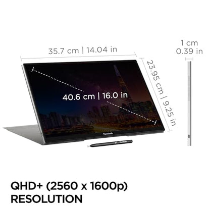 ViewSonic TD1656-2K 16 Inch 1600p Touchscreen Portable Monitor, WQXGA IPS Display for Interactive Workflows and Second Screen Productivity, Built-in Stand, 65W USB-C, mini HDMI, and Smart Cover - style: 1600p Touchscreen