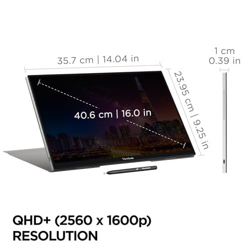 ViewSonic TD1656-2K 16 Inch 1600p Touchscreen Portable Monitor, WQXGA IPS Display for Interactive Workflows and Second Screen Productivity, Built-in Stand, 65W USB-C, mini HDMI, and Smart Cover - style: 1600p Touchscreen