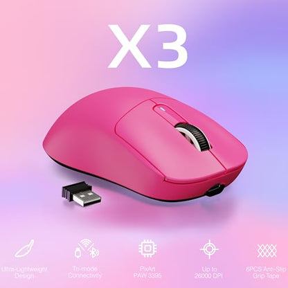 MANBASNAKE Attack Shark X3 49g Lightweight Wireless Gaming Mouse, Berry | Triple Mode Ergonomic Computer Mouse, PAW3395 26K DPI Sensor,200h Battery Life, Programmable Buttons for PC/Mac/Win - color: Berry
