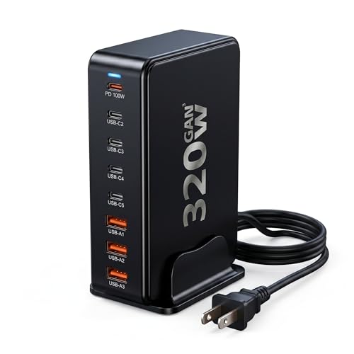 320W USB C Charging Station, 8-Port GaN III Desktop Charger Block, 100W PD Fast Laptop Power Adapter Hub with 5FT Cable for Multiple Devices, Compatible with MacBook Pro/Air, iPhone 17/16, iPad, Dell