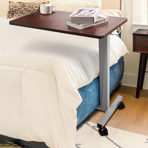 Hospital Bed Table on Wheels Over Bed Tray for Feeding Eating and Laptop, Adjustable Height Heavy Duty with Capacity up to 70 lbs - color: Walnut Brown