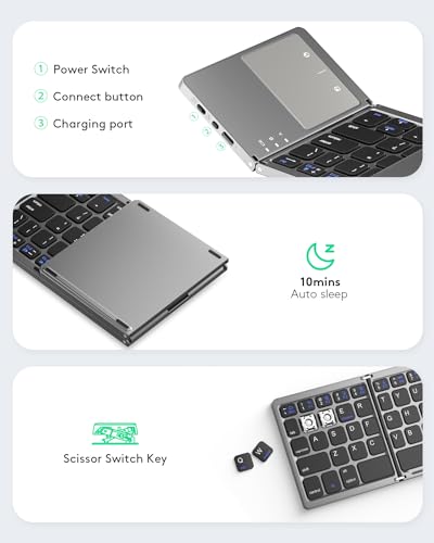 Samsers Foldable Bluetooth Keyboard with Touchpad, Ultra Slim Compact,Grey | Multi-touch Trackpad, Full Size, Phone Holder, USB-C Charging, 1 Device, for Android Windows iOS Mac OS, Mobile Productivity - color: Grey, size: 1-Device