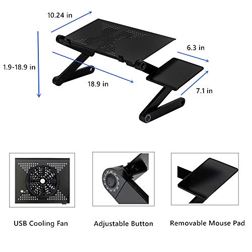 Ergonomics Folding Laptop Table, 360-Degree Adjustable Laptop Stand with Cooling Fan & Mouse Pad, Portable Aluminum Bed Tray Computer Desk Workstation for Sofa, Couch, Home, Office (Black)