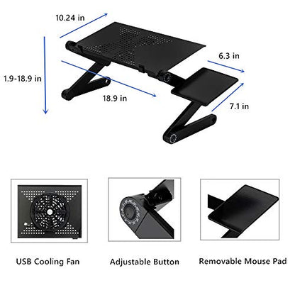 Ergonomics Folding Laptop Table, 360-Degree Adjustable Laptop Stand with Cooling Fan & Mouse Pad, Portable Aluminum Bed Tray Computer Desk Workstation for Sofa, Couch, Home, Office (Black)