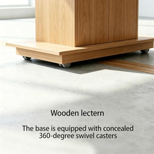 Podium Stand, Podium with Wheels, Floor Standing Speaking Poidum Lectern Stand, Church Pulpit with Storage, Office Wooden Reception Desk, Host Stand for School Conference | Natural - color: Natural