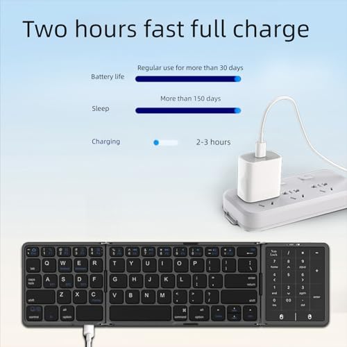 Foldable Bluetooth Keyboard with Touchpad and Number Pad, 3 Devices, Bluetooth 5.1, Rechargeable Full Size Ultra Slim Keyboards for Phone, Tablet, Laptop (Black) - color: Black