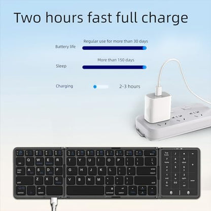 Foldable Bluetooth Keyboard with Touchpad and Number Pad, 3 Devices, Bluetooth 5.1, Rechargeable Full Size Ultra Slim Keyboards for Phone, Tablet, Laptop (Black) - color: Black