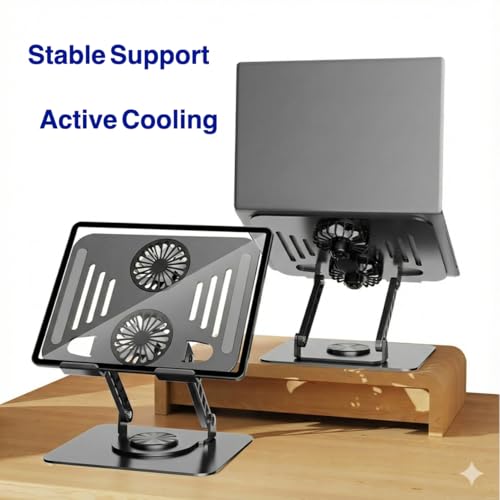 Cooling Stand with Dual Turbo Fans for 12-15.6 inch Laptops, Adjustable Height & 360° Rotating, Aluminum Notebook Riser – Upgrade from Single Fan Version (Space Silver)